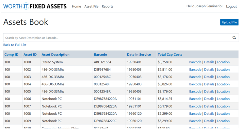 screenshot of WorthIT Fixed Assets